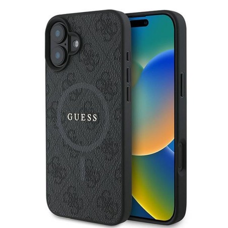Θήκη Guess Μαύρη για iPhone 16 Plus, με μπροστινή και πίσω όψη που αναδεικνύει την κομψή σχεδίαση από δερματίνη και δέρμα.