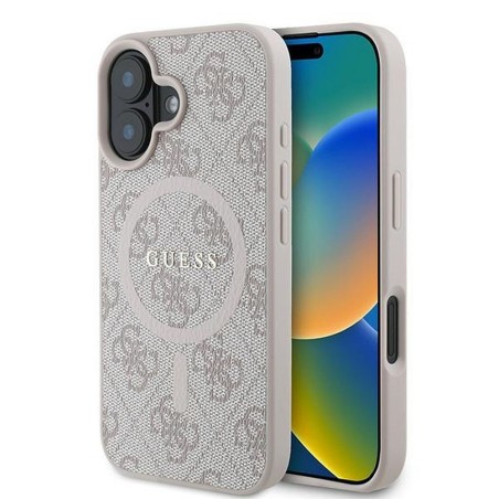 Θήκη Guess 4G Ροζ για iPhone 16 Plus, με μπροστινή και πίσω όψη που αναδεικνύει το σχέδιο και το λογότυπο.