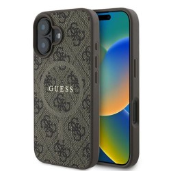 Θήκη Guess Δερμάτινη Καφέ για iPhone 16 Plus, με μπροστινή και πίσω όψη που αναδεικνύει την κομψή σχεδίαση.