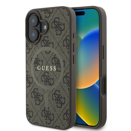 Θήκη Guess Δερμάτινη Καφέ για iPhone 16 Plus, με μπροστινή και πίσω όψη που αναδεικνύει την κομψή σχεδίαση.