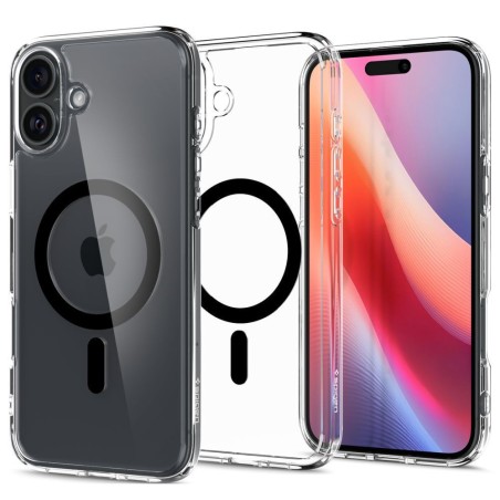 Θήκη Spigen Ultra Hybrid Μαύρη 2mm για iPhone 16, με μπροστινή και πίσω όψη.