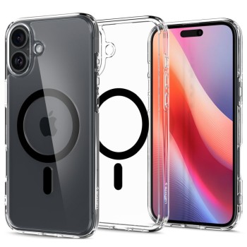 Θήκη Spigen Ultra Hybrid Μαύρη 2mm για iPhone 16, με μπροστινή και πίσω όψη.