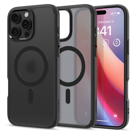 Θήκη Spigen Ultra Hybrid MagFit Μαύρη Frost για iPhone 16 Pro, με μπροστινή και πίσω όψη.