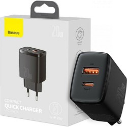 Baseus Φορτιστής Compact με USB-A και Type-C 20W - Μαύρο