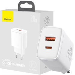 Baseus Φορτιστής Compact με USB-A και Type-C 20W - Λευκό