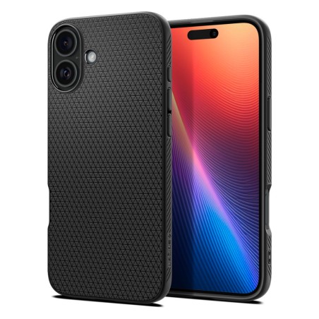 Θήκη Spigen Liquid Air Ματ Μαύρη για iPhone 16, με μπροστινή και πίσω όψη που αναδεικνύει την ανθεκτικότητα και το σχέδιο.