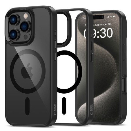 Θήκη Tech-Protect Magmat μαύρη/διάφανη για iPhone 16 Pro Max με MagSafe, ενισχυμένες γωνίες και διαφανή πλάτη.