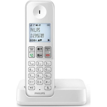 Μπροστινή όψη του Philips D250 λευκού ασύρματου τηλεφώνου με ανοικτή ακρόαση και κουμπιά μεγάλης ευκρίνειας.