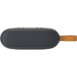 Bluetooth ηχείο Dudao Y10 γκρι με υφασμάτινη πρόσοψη και πορτοκαλί λουράκι μεταφοράς σε πλάγια όψη.
