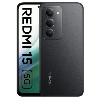Εμπρόσθια και πίσω όψη του Xiaomi Redmi 15 NFC 5G σε μαύρο χρώμα με τριπλή κάμερα και οθόνη 6.79"