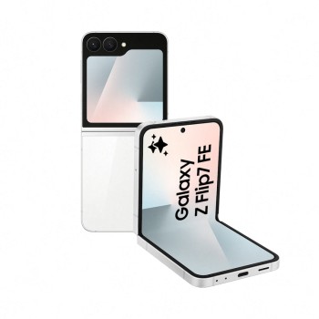 Samsung Galaxy Z Flip7 fe 5G λευκό σε θέση αναδίπλωσης με διπλή οθόνη και διπλή κάμερα