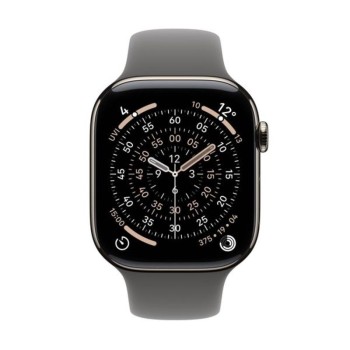 Apple Watch Series 11 GPS + Cellular Natural Titanium Case 46mm - Stone Grey Sport Band μπροστινή όψη ρολογιού με ενεργή οθόνη
