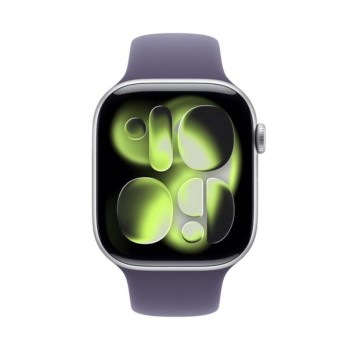 Apple Watch Series 11 GPS Silver Aluminium Purple Fog Sport Band μπροστινή όψη ρολογιού με ενεργή οθόνη
