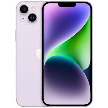 Apple iPhone 14 plus σε μωβ, μπροστινή και πίσω όψη με οθόνη 6.7”, διπλή κάμερα, 128GB αποθήκευσης.