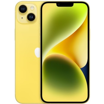 Apple iPhone 14 plus σε κίτρινο, μπροστινή και πίσω όψη με οθόνη 6.7”, διπλή κάμερα, 128GB αποθήκευσης.