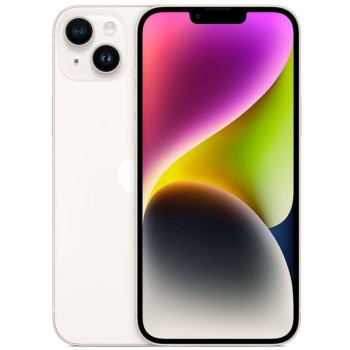 Apple iPhone 14 plus σε starlight, μπροστινή και πίσω όψη με οθόνη 6.7”, διπλή κάμερα, 128GB αποθήκευσης.