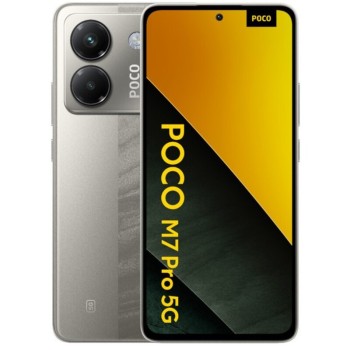 Εμπρόσθια και οπίσθια όψη του Xiaomi Poco M7 Pro 5G 12GB/512GB σε ασημί χρώμα με οθόνη punch-hole και διπλή κάμερα 50MP.