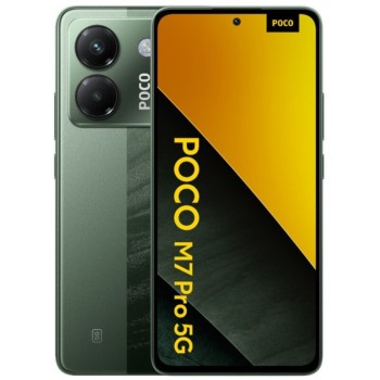 Εμπρόσθια και οπίσθια όψη του Xiaomi Poco M7 Pro 5G 12GB/512GB σε πράσινο χρώμα με οθόνη punch-hole και διπλή κάμερα 50MP.