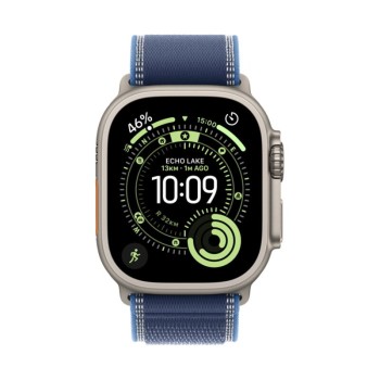 Apple Watch Ultra 3 GPS + Cellular Natural Titanium 49mm - Blue/Bright Blue Trail Band μπροστά όψη ρολογιού με ενεργή οθόνη