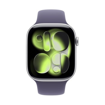 Apple Watch Series 11 GPS silver aluminium - Light Purple Fog Sport Band μπροστινή όψη ρολογιού με ενεργή οθόνη