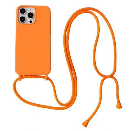 Θήκη Σιλικόνης Crossbody για Apple iPhone 16 Pro Max - Πορτοκαλί πίσω όψη φορεμένη σε συσκευή με τα κορδόνια
