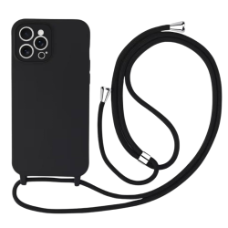 Θήκη Σιλικόνης Crossbody για Apple iPhone 16 Pro Max - Μαύρο πίσω όψη φορεμένη σε συσκευή με τα κορδόνια