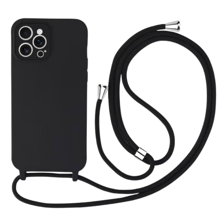 Θήκη Σιλικόνης Crossbody για Apple iPhone 16 Pro Max - Μαύρο πίσω όψη φορεμένη σε συσκευή με τα κορδόνια