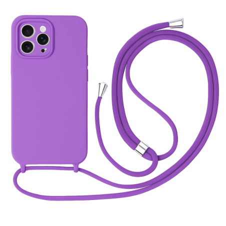 Θήκη Σιλικόνης Crossbody για Apple iPhone 16 Pro Max - Βιολετί πίσω όψη φορεμένη σε συσκευή με τα κορδόνια