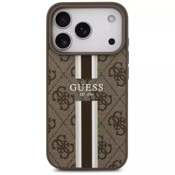 Θήκη Guess 4G Printed Stripes MagSafe με Επένδυση Συνθετικού Δέρματος για iPhone 17 Pro - Καφέ πίσω όψη πάνω σε συσκευή