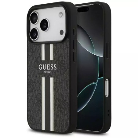 Θήκη Guess 4G Printed Stripes MagSafe με Επένδυση Συνθετικού Δέρματος για iPhone 17 Pro - Μαύρο φορεμένο σε συσκευή