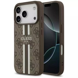 Θήκη Guess 4G Printed Stripes MagSafe με Επένδυση Συνθετικού Δέρματος για iPhone 17 Pro Max - Καφέ φορεμένο σε συσκευή
