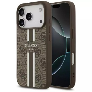 Θήκη Guess 4G Printed Stripes MagSafe με Επένδυση Συνθετικού Δέρματος για iPhone 17 Pro Max - Καφέ φορεμένο σε συσκευή