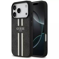 Θήκη Guess 4G Printed Stripes MagSafe με Επένδυση Συνθετικού Δέρματος για iPhone 17 Pro Max - Μαύρο φορεμένο σε συσκευή