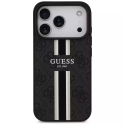 Θήκη Guess 4G Printed Stripes MagSafe με Επένδυση Συνθετικού Δέρματος για iPhone 17 Pro Max - Μαύρο πίσω όψη πάνω σε συσκευή