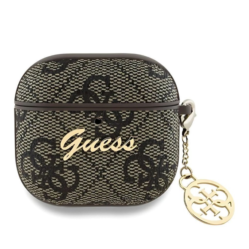 Θήκη Guess Charm Collection Σιλικόνης για Apple AirPods 4 - Καφέ μπροστινή όψη σε συσκευή Θήκη Guess Charm Collection Σιλικόνης για Apple AirPods 4 - Καφέ μπροστινή όψη σε συσκευή
