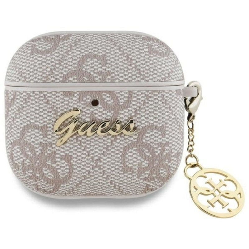 Θήκη Guess Charm Collection Σιλικόνης για Apple AirPods 4 - Ροζ μπροστινή όψη σε συσκευή Θήκη Guess Charm Collection Σιλικόνης για Apple AirPods 4 - Ροζ μπροστινή όψη σε συσκευή