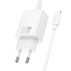 HOCO Φορτιστής USB-C και Καλώδιο USB-C - Lightning 20W Power Delivery / Quick Charge 3.0 - Λευκό μπροστινή όψη με το καλώδιο