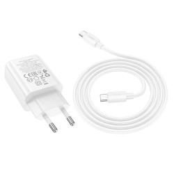 HOCO Φορτιστής USB-C και Καλώδιο USB-C - Lightning 20W Power Delivery / Quick Charge 3.0 - Λευκό πίσω όψη με ολόκληρο το καλώδιο
