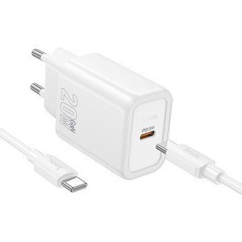 HOCO Φορτιστής USB-C και Καλώδιο USB-C - USB-C 20W Power Delivery / Quick Charge 3.0 - Λευκό πίσω όψη με τις θύρες
