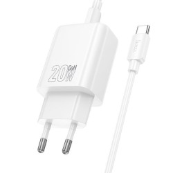 HOCO Φορτιστής USB-C και Καλώδιο USB-C - USB-C 20W Power Delivery / Quick Charge 3.0 - Λευκό μπροστινή όψη με το καλώδιο