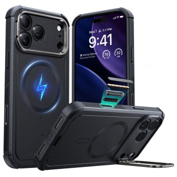 Θήκη ESR Cyber Kickstand Back Cover Μεταλλικό για iPhone 17 Pro Max - Μαύρο φορεμένη σε συσκευή σε όλες τις όψεις
