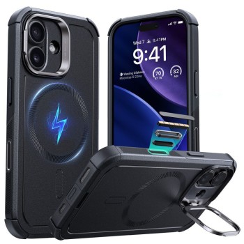 Θήκη ESR Cyber Kickstand Back Cover Μεταλλικό για iPhone 17  - Μαύρο φορεμένη σε συσκευή σε όλες τις όψεις