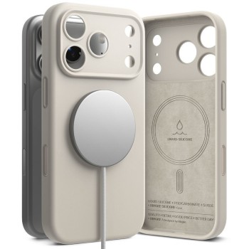 Ringke Magnetic Back Cover Σιλικόνης για iPhone 17 Pro - Μπεζ πίσω όψη με απεικόνιση magsafe φόρτισης και το εσωτερικό