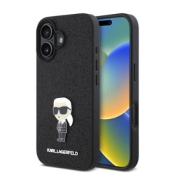 Karl Lagerfeld Ikonik Fixed Glitter Hard Case with Ikonik Metal Logo Θήκη προστασίας από σιλικόνη – iPhone 16 Glitter Black – KL