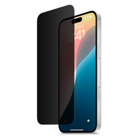 Privacy Tempered Glass για Apple iPhone 16 Plus - Μαύρο τοποθετημένο μπροστά από συσκευή