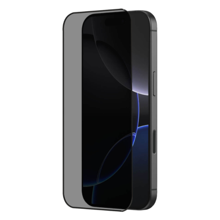 Privacy Tempered Glass για Apple iPhone 16 - Μαύρο τοποθετημένο μπροστά από συσκευή