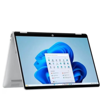 HP Omnibook 5 Flip 14-fp0023dx σε ασημί χρώμα σε λειτουργία tablet με ενεργή οθόνη
