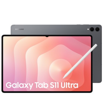 Samsung Galaxy Tab S11 Ultra σε γκρι χρώμα προεπισκόπηση μπροστινής και πίσω πλευράς με ενεργή οθόνη 14,6" και πενάκι
