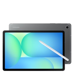 Samsung Galaxy Tab S10 FE σε γκρι χρώμα μπροστινή και πίσω προεπισκόπηση με ενεργή οθόνη 10,9"