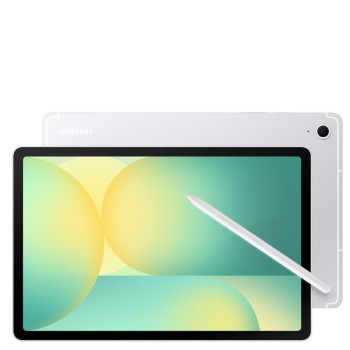 Samsung Galaxy Tab S10 FE σε ασημί χρώμα μπροστινή και πίσω προεπισκόπηση με ενεργή οθόνη 10,9"